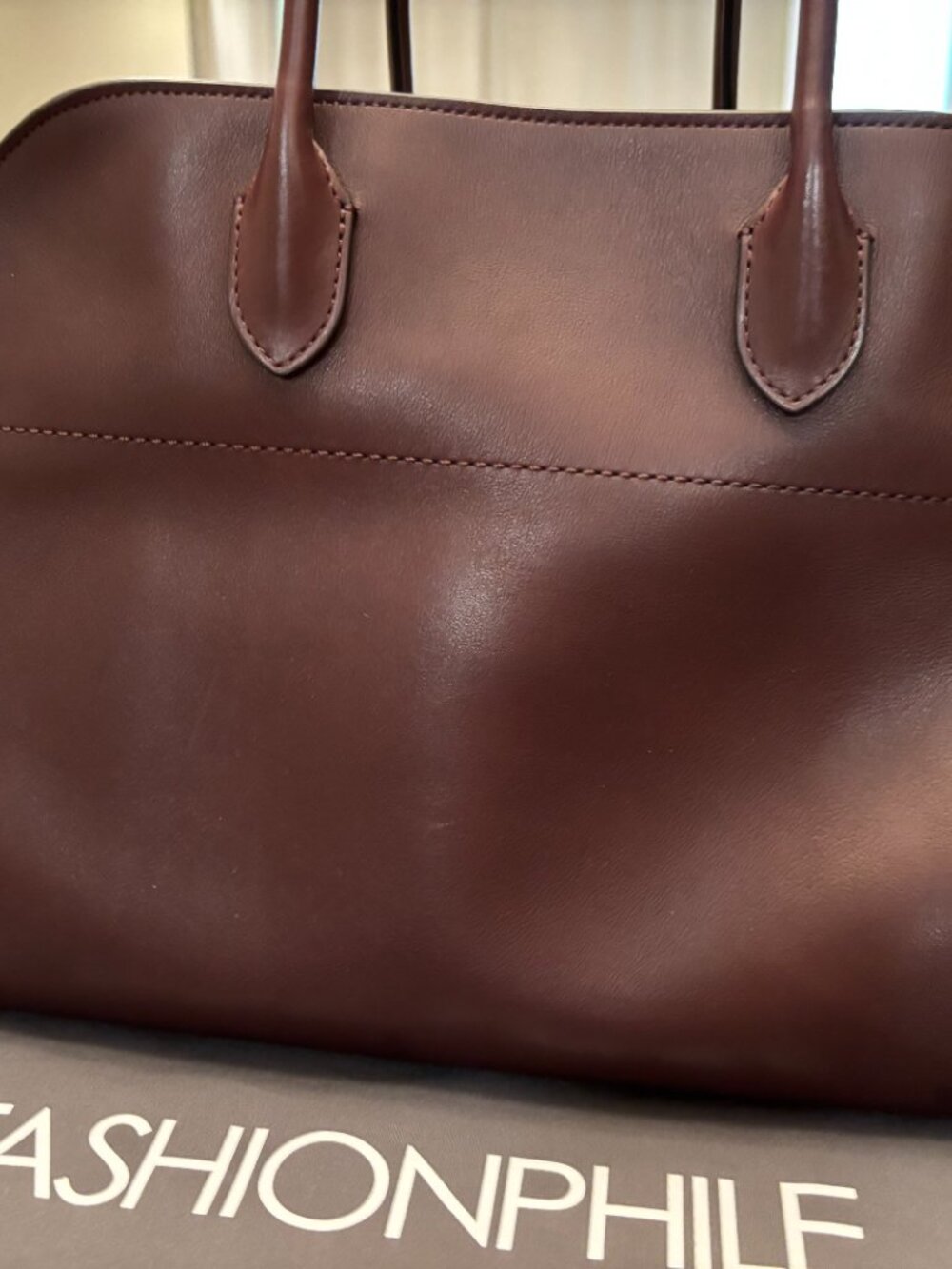 The Row Polished Saddle Calfskin Margaux 17 Dark Brown